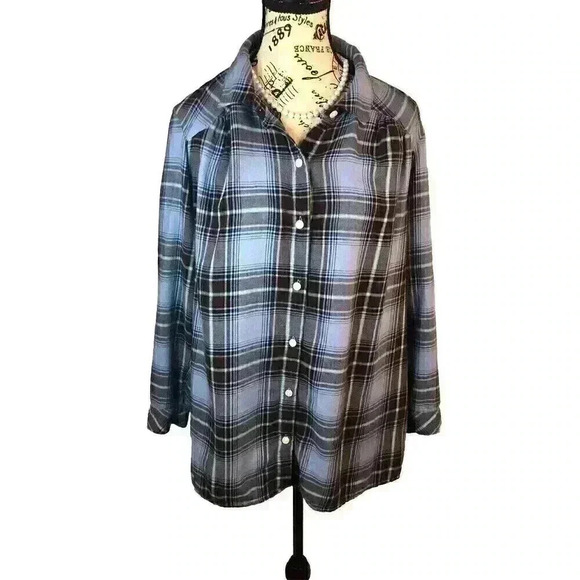 J Jill XLP Blue Plaid Flannel Button Up Blouse L/S Modal Blend gathered shoulder - Picture 1 of 4